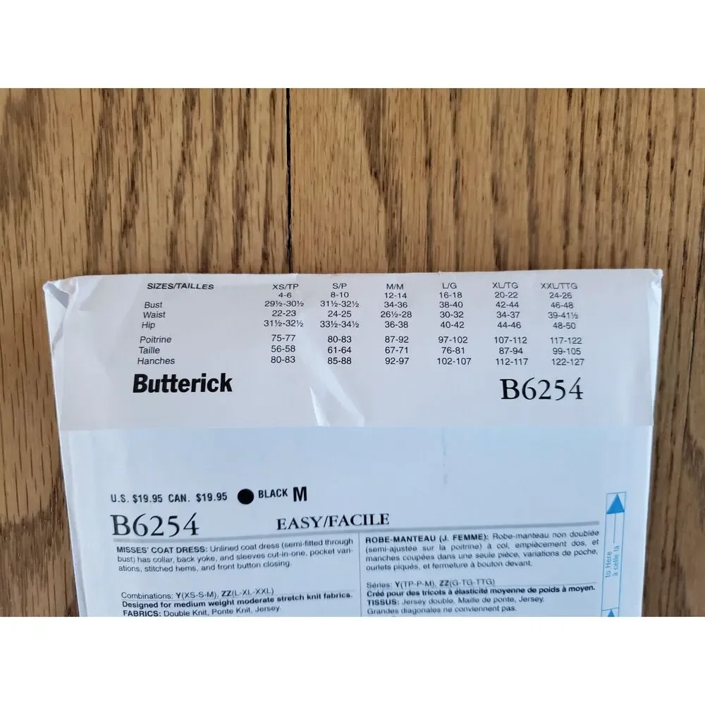 Butterick B6254 Pattern Womens XS - M Coat Dress New Uncut